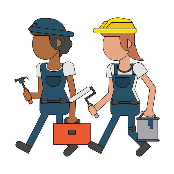 Construction workers with tools cartoons faceless — Stock Vector