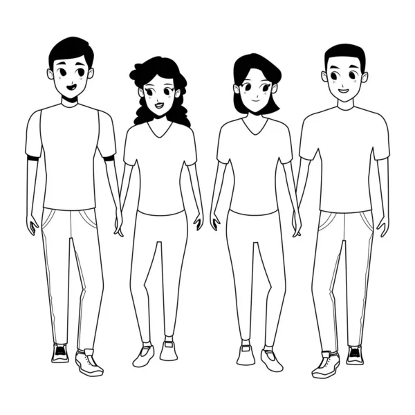 Jóvenes amigos sonriendo con caricaturas de ropa casual en blanco y negro — Archivo Imágenes Vectoriales