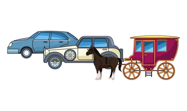 Veículos automóveis clássicos e carruagens de cavalos — Vetor de Stock