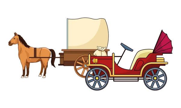 Oldtimers en paarden rijtuigen voertuigen — Stockvector