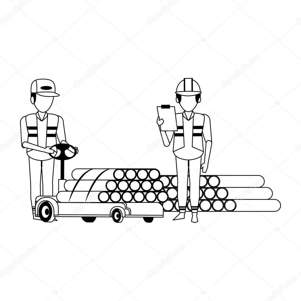 Warehouse workers with merchandise in black and white