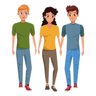 Genç arkadaşlar rahat giysiler karikatürler ile gülümseyen