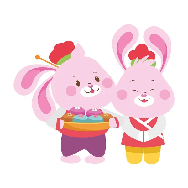 Dibujos animados conejos pareja con mooncakes — Vector de stock