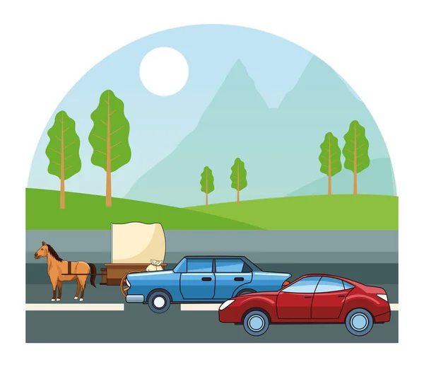 Vehículos de coches clásicos y coches de caballos — Vector de stock