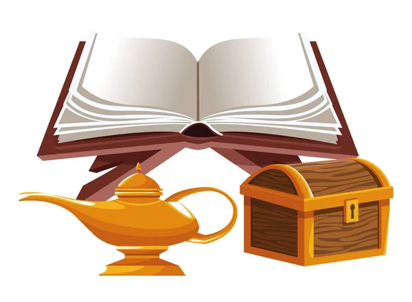 Libro aperto con lampada magica e scrigno in legno — Vettoriale Stock