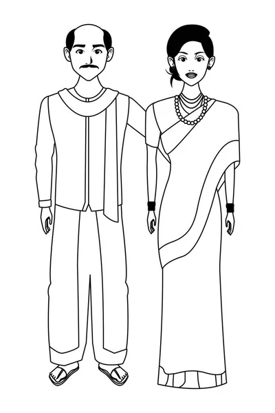 Indisk familj avatar tecknad figur i svart och vitt — Stock vektor