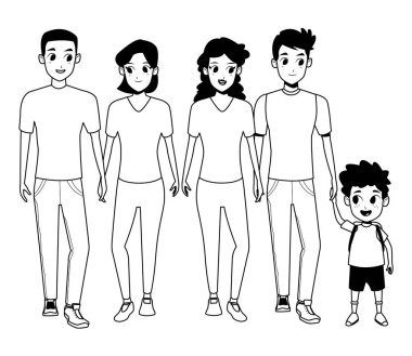 Siyah beyaz çocuklu aile genç ebeveynler karikatür