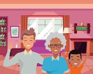 Mutlu aile ev karikatürler içinde gülümseyen