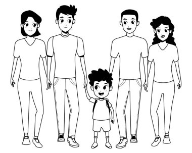 Siyah beyaz çocuklu aile genç ebeveynler karikatür
