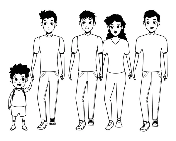 Famille jeunes parents avec des enfants dessin animé en noir et blanc — Image vectorielle