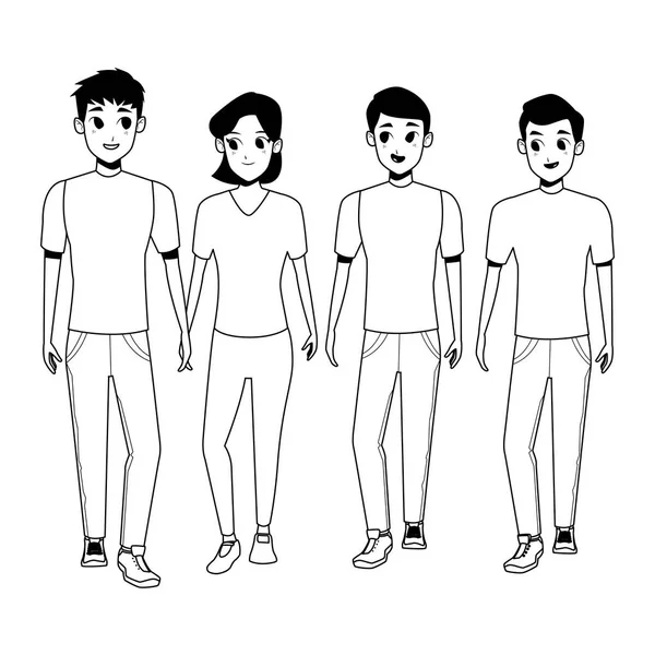 Young friends smiling with casual clothes cartoons in black and white — Stock Vector