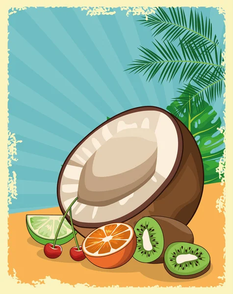 Kokosnoot plak en fruit over tropische bladeren en retro stijl achtergrond — Stockvector