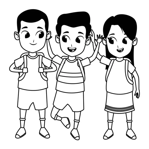 Niños lindo escuela estudiantes dibujos animados en blanco y negro — Vector de stock