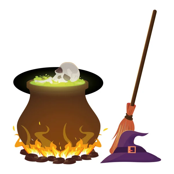 Halloween caldeirão bruxa com cabeça de crânio e vassoura —  Vetores de Stock