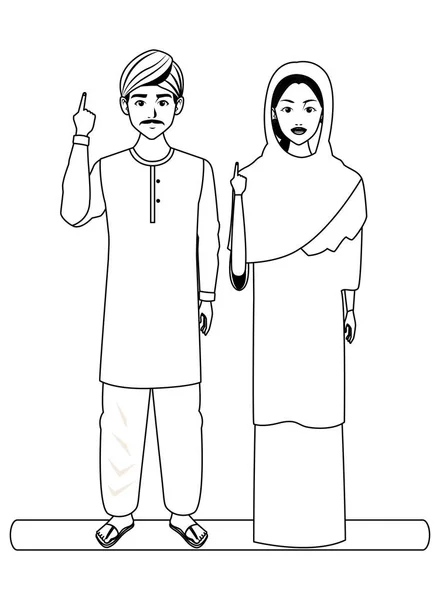 Indische Familie Avatar Cartoon-Figur in schwarz und weiß — Stockvektor