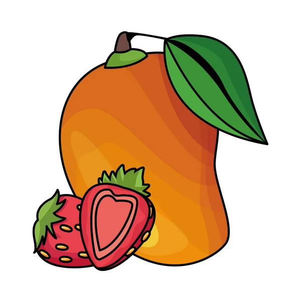 Mango und Erdbeeren Früchte Karikatur — Stockvektor