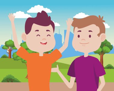 Genç erkekler sahadaki karakterlerle arkadaş olur.