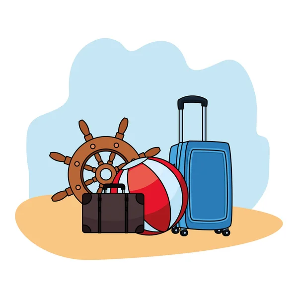 Путешествие багаж с пляжем все и корабль колесо — стоковый вектор