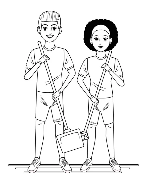 Städservice person avatar tecknad figur i svart och vitt — Stock vektor