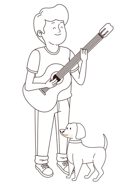 Adolescent souriant et promenant le dessin animé pour chien en noir et blanc — Image vectorielle