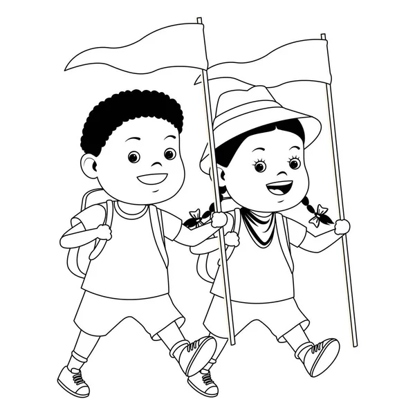 Dzieci i letnie bajki obozowe w czerni i bieli — Wektor stockowy