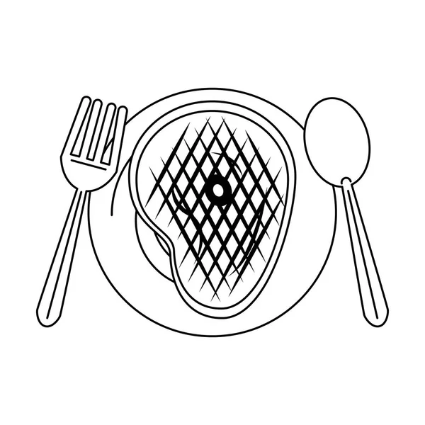 Saboroso churrasco grelhado desenhos animados alimentos em preto e branco — Vetor de Stock
