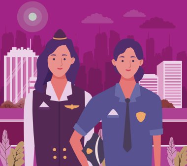 Profesyoneller işçiler çift gülümseyen karikatürler