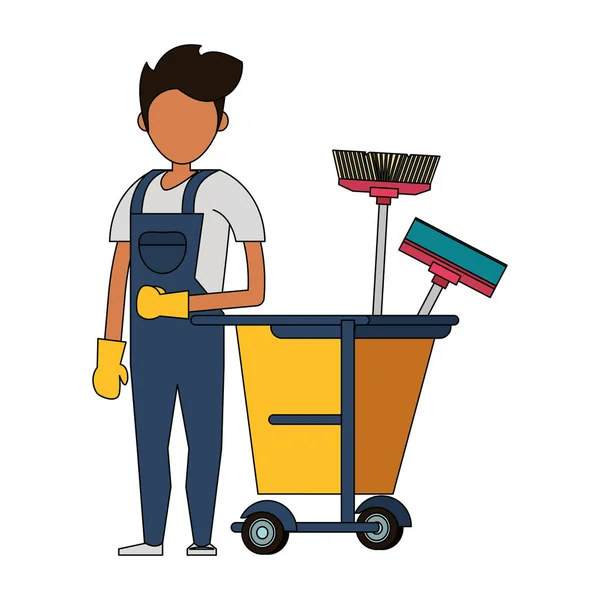 Renare arbetstagare med rengöringsprodukter och utrustning — Stock vektor