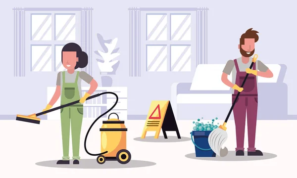 Pareja trabajadores en housekepping con equipo — Vector de stock
