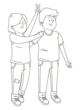 Gençler arkadaşlar gülümseyen ve siyah beyaz eğlenceli karikatür sahip