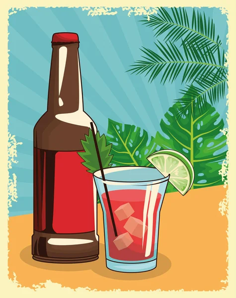 Garrafa de cerveja e licor atirado sobre folhas tropicais cartaz, design plano —  Vetores de Stock