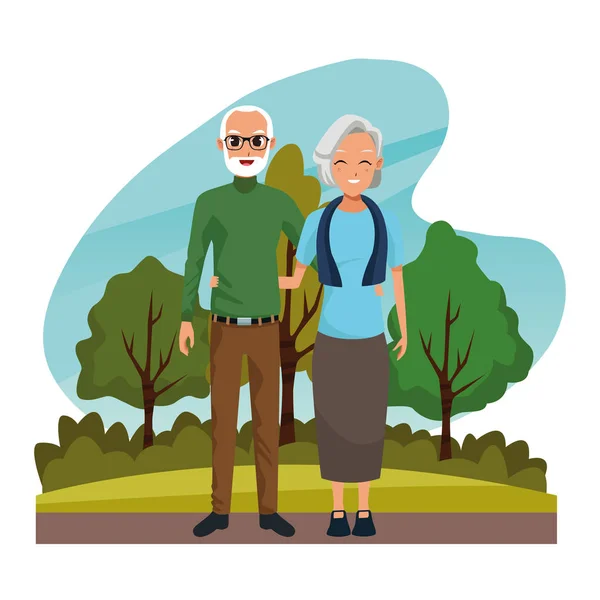 Nonni coppia sorridente in natura cartone animato — Vettoriale Stock