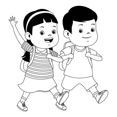 Siyah beyaz sırt çantaları ile gülümseyen okul çocukları