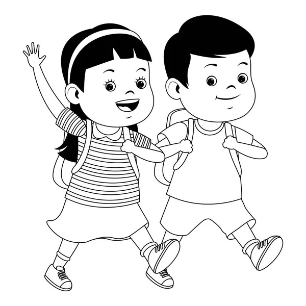 Шкільні діти посміхаються з рюкзаками в чорно-білому — стоковий вектор