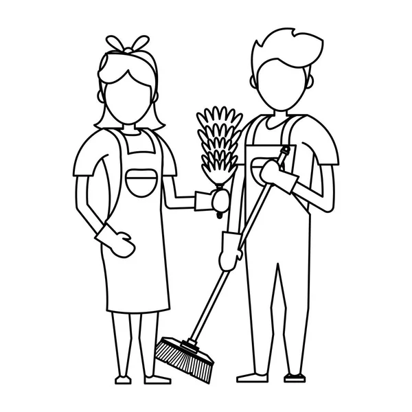 Reinigers werknemers met reinigingsapparatuur in zwart-wit — Stockvector