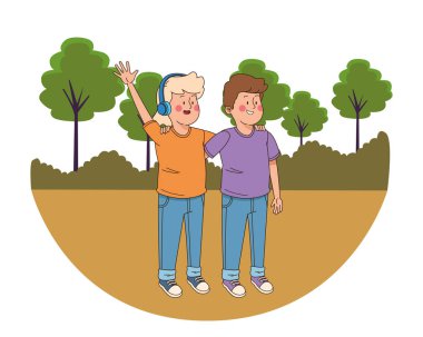 Gençler arkadaşlar gülümseyen ve eğlenceli karikatür sahip