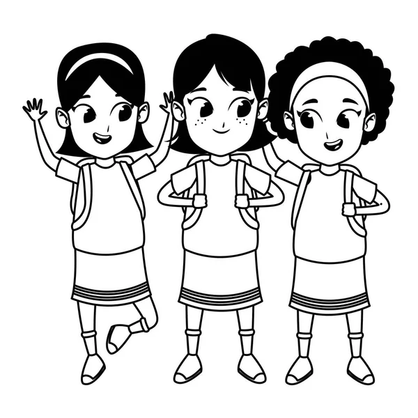 Niños adorables estudiantes niñas dibujos animados en blanco y negro — Vector de stock