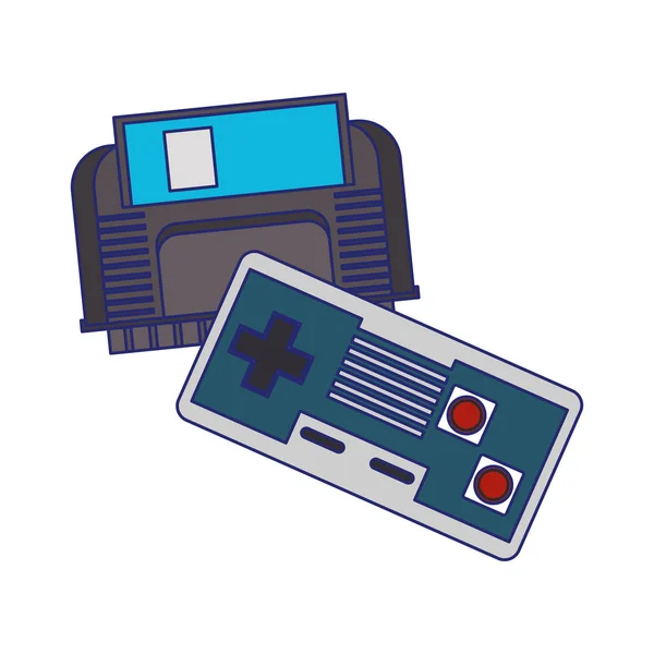 Console de videogame retro e gamepads linhas azuis — Vetor de Stock