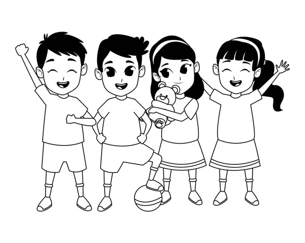 Niños amigos jugando y caricaturas sonrientes en blanco y negro — Vector de stock