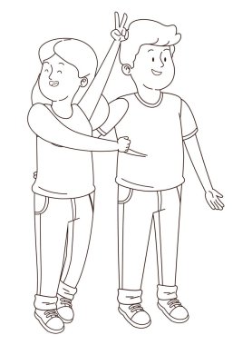 Gençler arkadaşlar gülümseyen ve siyah beyaz eğlenceli karikatür sahip