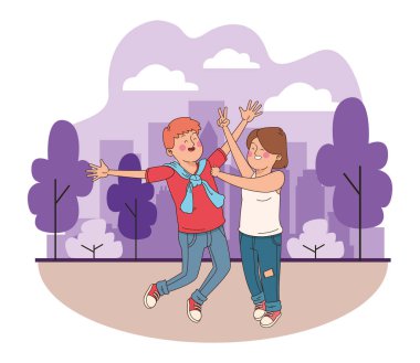 Gençler arkadaşlar gülümseyen ve eğlenceli karikatür sahip