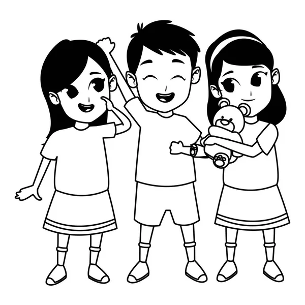 Kinder Freunde spielen und lächeln Cartoons in schwarz-weiß — Stockvektor
