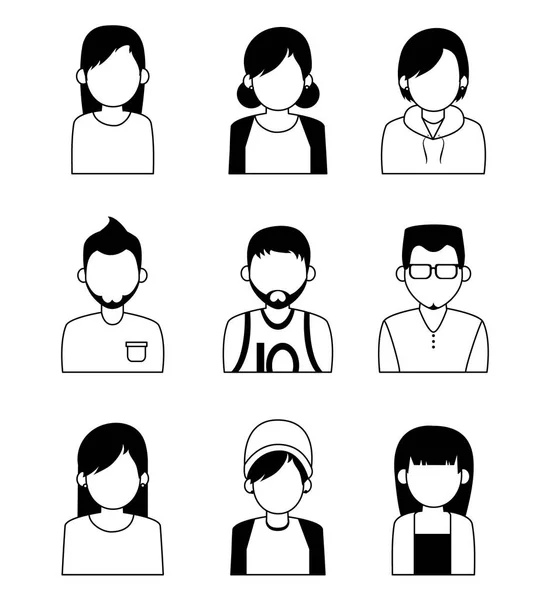 Conjunto de iconos de personajes sin rostro en blanco y negro — Vector de stock