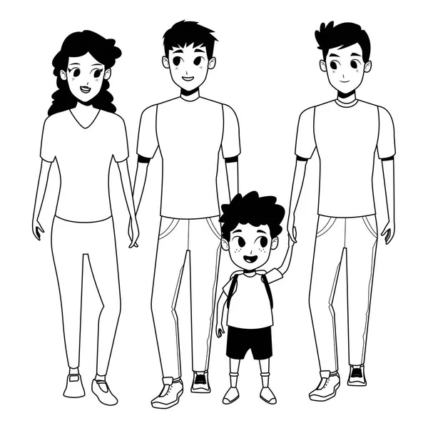 Familia padres jóvenes con dibujos animados para niños en blanco y negro — Vector de stock