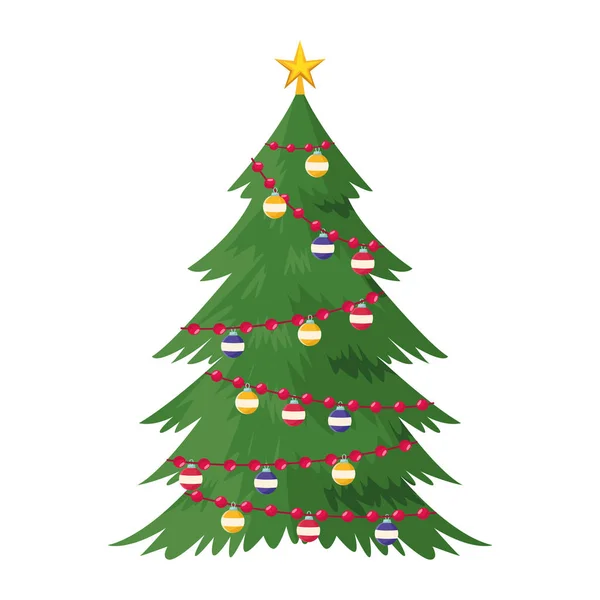Árbol de Navidad con adornos, diseño plano — Vector de stock