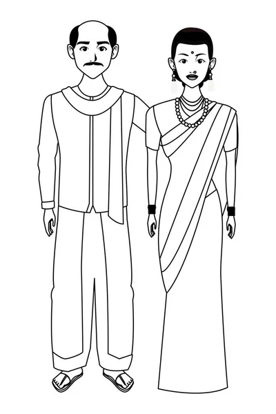 Indische Familie Avatar Cartoon-Figur in schwarz und weiß — Stockvektor