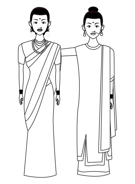 Indische Frauen Avatar Cartoon-Figur in schwarz und weiß — Stockvektor