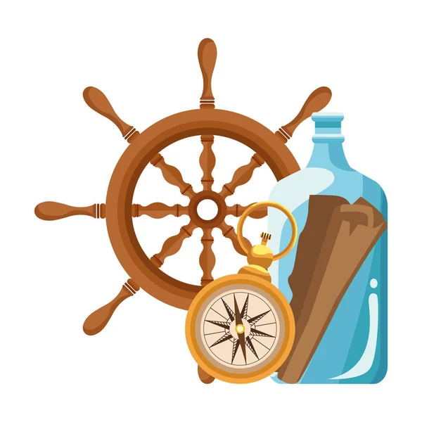 Timón de navegación marítima con brújula — Vector de stock