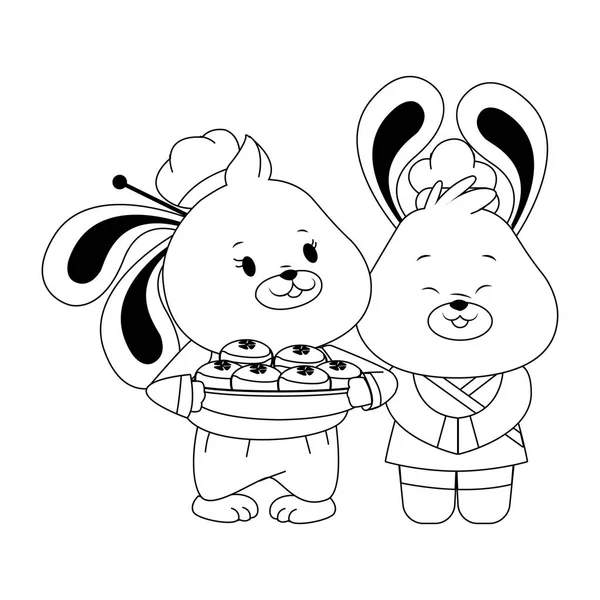 Cartoon rabbits couple with mooncakes — Stock Vector