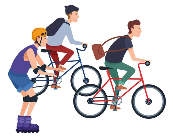 Personas con bicicletas y patines — Vector de stock